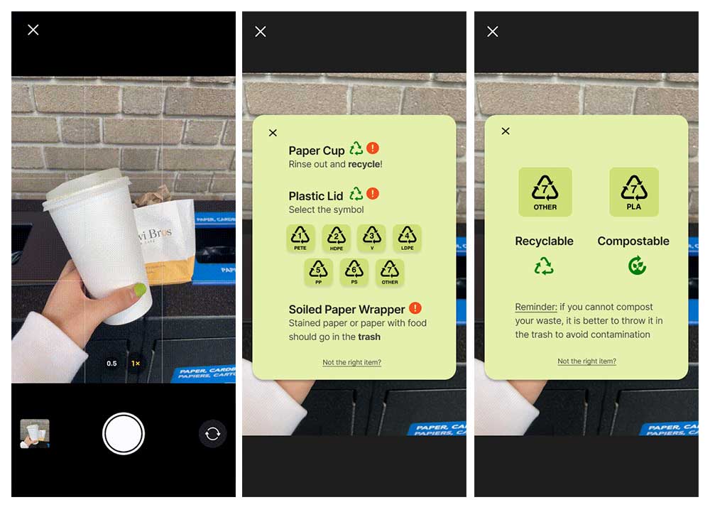 Demonstration of Recyclo. A user takes a picture of their waste, the app identifies it and determines how to dispose of it