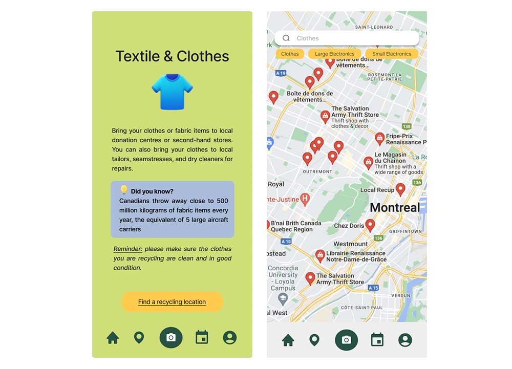 The mobile app shows instructions on how to recycle textiles and clothes and a map with locations of donation centers