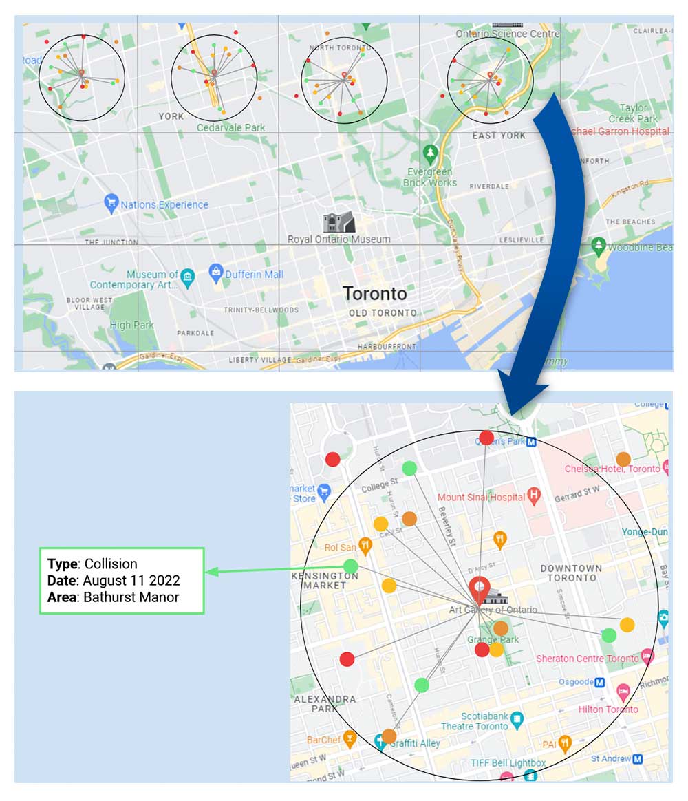 Une carte de Toronto avec des données sur la criminalité en temps réel.