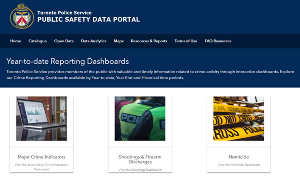 The year-to-date crime reporting dashboards page on the Toronto Police Services public safety data portal