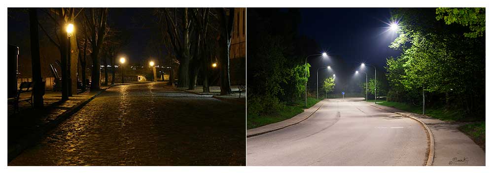 Side-by-side safety comparison of two streets: On the left a poorly lit, dark street and on the right a well-lit route