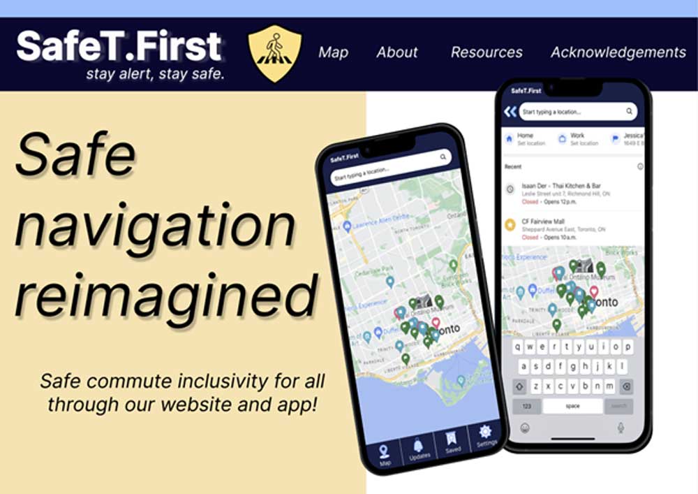 SafeT.First homepage with slogan “Safe navigation reimagined” and interface of the mobile app shown on an iPhone | Page d'accueil de SafeT.First avec le slogan "Safe navigation reimagined" et l'application mobile montrée sur un iPhone